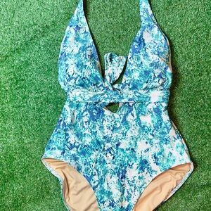 Tart Blue and White One Piece Swimsuit with Halter Design